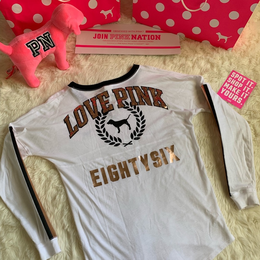 Pink Victoria’s Secret Campus Sequin Logo Crew
